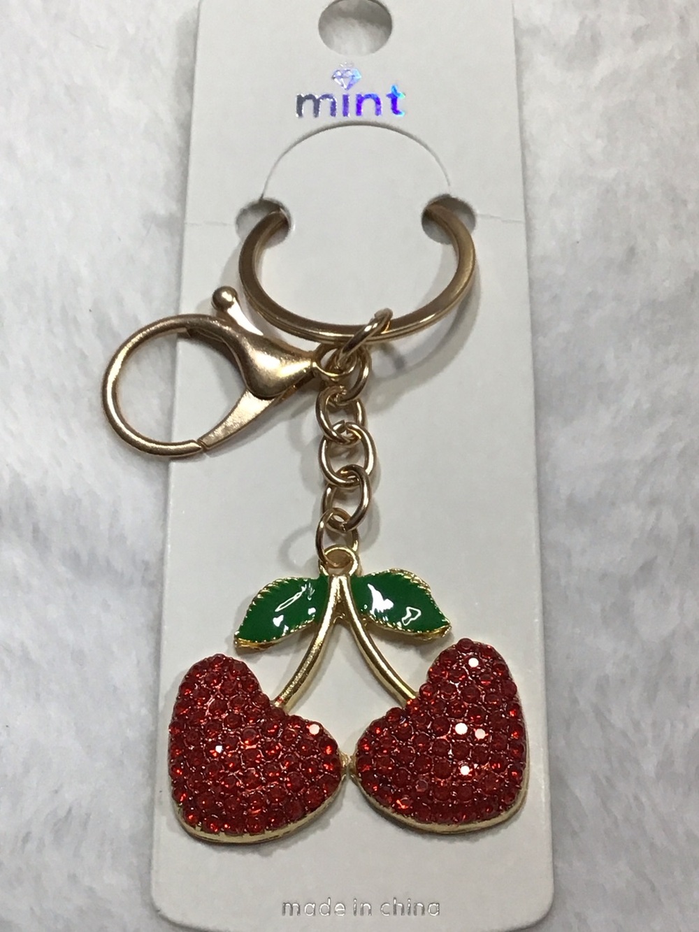 Mint Gold-Tone Red Crystal Cherry Key & Card Holder Charm